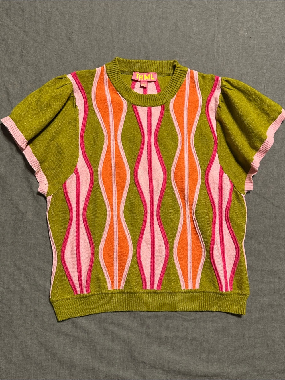 THML Olive Green Knit Top with Pink Stripes
